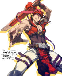 1boy alternate_hair_length alternate_hairstyle arm_up belt belt_buckle black_belt black_trim brown_gloves buckle collared_jacket cosplay covered_abs cropped_jacket fingerless_gloves forked_eyebrows gloves guilty_gear guilty_gear_xrd hair_between_eyes headband holding holding_sword holding_weapon jacket kagami_taiga lapels looking_at_viewer male_focus multiple_belts pants parted_lips red_eyes red_hair red_headband red_jacket simple_background single_bare_shoulder sleeveless sol_badguy sol_badguy_(cosplay) solo sword thigh_belt thigh_strap torisu weapon white_background white_pants