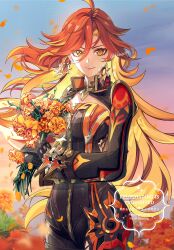 1girl absurdres ahoge biker_clothes bikesuit black_bodysuit black_gloves bodysuit bouquet breasts earrings flower genshin_impact gloves highres holding holding_bouquet holding_flower jewelry long_hair long_sleeves looking_at_viewer mavuika_(genshin_impact) multicolored_hair orange_eyes orange_hair red_hair shiba_(tonari_no_shiba_inu) smile solo two-tone_hair very_long_hair
