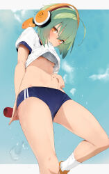 1girl absurdres ahoge arm_behind_back blue_buruma blue_sky blush breasts buruma cameltoe chunithm clothes_lift commentary cowboy_shot flying_sweatdrops from_below green_hair groin gym_shirt gym_uniform hair_between_eyes hand_on_own_hip headphones highres holding kisaragi_yaya looking_at_viewer midriff mouth_hold navel no_bra orange_eyes orange_headphones orange_shoes shirt shoes short_hair sky sky_feather_(chunithm) small_breasts socks solo stomach striped_clothes sweat sweaty_clothes thighs upper_body white_shirt white_socks