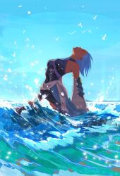 1girl aqua_(kingdom_hearts) blue_hair blue_sky breasts closed_eyes detached_sleeves highres horizon kingdom_hearts mimamilux missing_commentary outdoors parted_lips partially_submerged short_hair simple_bird sky small_breasts solo water waves wide_sleeves