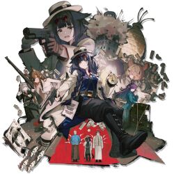 3boys 5girls animal_ears arknights arm_up between_breasts black_pants blue_shirt blush braid breasts character_request closed_mouth coat commentary_request cowboy_shot eyewear_on_head green_eyes grey_hat hat holding jessica_(arknights) jessica_the_liberated_(arknights) jessica_the_liberated_(ride_to_davistown)_(arknights) large_breasts long_hair long_sleeves looking_ahead multiple_boys multiple_girls official_alternate_costume official_art open_clothes open_coat pants pointing pointing_at_self purple_hair round_eyewear shirt simple_background solo source_request standing strap strap_between_breasts tail twin_braids white_background white_coat