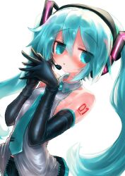 Rule 34 | 1girl, 39, aqua eyes, aqua hair, aqua necktie, bare shoulders, blush, elbow gloves, gloves, grey shirt, hair ornament, hatsune miku, headphones, headset, kyuusui gakari, long hair, looking at viewer, necktie, number tattoo, open mouth, shirt, skirt, sleeveless, solo, tattoo, twintails, very long hair, vocaloid