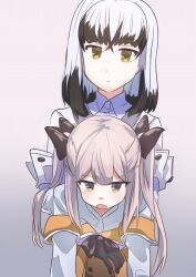 Rule 34 | 2girls, black bow, black bowtie, black gloves, black hair, blunt bangs, bow, bowtie, closed mouth, collared shirt, colored tips, commentary request, gloves, gradient background, hair ears, highres, jacket, long hair, long sleeves, looking at viewer, mashiko kaoru, mashitono desu, medium hair, multicolored hair, multiple girls, off shoulder, open mouth, orange eyes, orange jacket, origami family&#039;s special defense team uniform, osafune girls academy school uniform, pink hair, purple eyes, satsuki yomi, school uniform, shirt, sidelocks, simple background, standing, toji no miko, twintails, white hair, white jacket, white shirt, winter uniform
