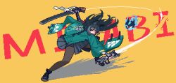 1girl animal_ear_fluff animal_ears aqua_jacket black_hair black_pantyhose black_skirt blunt_bangs character_name chinese_commentary closed_mouth collared_shirt commentary_request eyeball floating_hair fox_ears fox_girl full_body holding holding_sword holding_weapon hoshimi_miyabi jacket katana lavlav0 long_hair pantyhose pixel_art red_eyes shirt skirt sword tailless_(zenless_zone_zero) weapon yellow_background zenless_zone_zero
