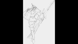 1boy animated graphite_(medium) highres holding holding_weapon kotobuki_tsukasa_(style) lineart monochrome oobari_masami_(style) original pencil sicklebx sketch solo tagme toushinden traditional_media video weapon