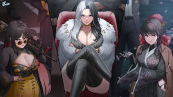 3girls 5others ahoge annoyed black_hair boots breasts brown_hair cleavage coat colored_inner_hair crossed_arms crossed_legs fur_coat goddess_of_victory:_nikke gun highres holding holding_gun holding_smoking_pipe holding_weapon moran_(nikke) multicolored_hair multiple_girls multiple_others noorung people pink_eyes rail_(weapon) red_eyes red_hair reflex_sight rifle rosanna_(nikke) sakura_(nikke) smoking_pipe split-color_hair tattoo thigh_boots two-tone_hair underworld_queen_(nikke) weapon white_hair