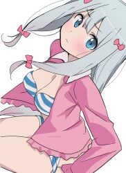 1girl absurdres blue_eyes blush bow bra breasts closed_mouth eromanga_sensei furuyama_itaru grey_hair hair_bow highres izumi_sagiri long_hair panties pink_bow simple_background solo striped_bra striped_clothes striped_panties underwear undressing white_background