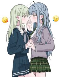 Rule 34 | 2girls, absurdres, bang dream!, bang dream! it&#039;s mygo!!!!!, blue hair, blue shirt, blue skirt, commentary, emoji, eye contact, green hair, green necktie, green ribbon, green skirt, grey jacket, grey neckerchief, hair ribbon, haneoka school uniform, hashtag-only commentary, highres, holding hands, inot17, interlocked fingers, jacket, long hair, looking at another, multiple girls, neckerchief, necktie, pleated skirt, ribbon, sailor collar, school uniform, shirt, simple background, skirt, togawa sakiko, tsukinomori school uniform, two side up, wakaba mutsumi, whispering, white background, white sailor collar, yellow eyes, yuri