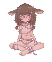 1girl animal_ears anndrezs anus barefoot brown_hair closed_mouth commission fallenshadow flat_chest hair_ornament heart heart-shaped_pupils highres indian_style indie_virtual_youtuber loli looking_at_viewer naked_ribbon navel nipples pink_eyes pixiv_commission pussy pussy_peek rabbit_ears rabbit_girl rabbit_hair_ornament ribbon round_eyewear simple_background sitting solo symbol-shaped_pupils toes transparent_background virtual_youtuber
