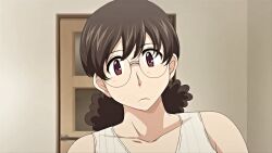 1girl 2020 20s animated animated_gif curly_hair glasses hitozuma_mitsu_to_niku housewife mature_female obasan_(hitozuma_mitsu_to_niku) ponytail queen_bee_(animation_studio) tagme vest