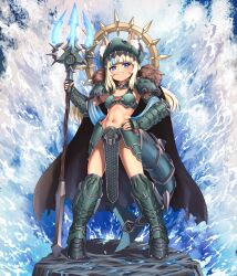 1girl absurdres adapted_costume animal_costume animal_ear_fluff animal_ears animal_hood armor armored_boots atlantis bikini bikini_armor blonde_hair blue_eyes blue_sash blue_streaks blunt_bangs boots bracer cape cat_ears cat_girl catfish chainmail commission commissioner_upload crossover doom:_the_dark_ages doom_(series) doom_eternal energy_weapon fantasy fins fish fish_girl fish_tail fur_collar gold gold_halo green_armor halo halo_behind_head happy highres hip_armor holding holding_polearm holding_staff holding_weapon hood huge_weapon loincloth multicolored_hair ocean polearm queen sameko_saba sash science_fiction shark shark_costume shark_girl shark_hood shark_tail sharp_teeth shoulder_armor sidelocks smile spiked_halo staff substance20 swimsuit tail teeth trident water waves weapon
