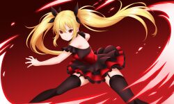 &gt;:( 1girl absurdres asura_(crat2222) aura bare_shoulders black_bow black_thighhighs blonde_hair bow closed_mouth commentary crat2222 dress feet_out_of_frame fighting_stance floating_hair frilled_dress frills garter_straps hair_between_eyes hair_bow highres leaning_forward long_hair looking_at_viewer off-shoulder_dress off_shoulder original outstretched_arm red_background red_dress red_eyes short_dress sidelocks simple_background solo split_mouth standing thighhighs twintails v-shaped_eyebrows very_long_hair zettai_ryouiki