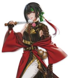 1girl absurdres arm_up armor asymmetrical_gloves banner_of_the_maid belt black_gloves black_hair breasts brown_belt character_request collar commentary_request cowboy_shot dress ear_piercing earrings female_focus fingerless_gloves flower gloves green_headband grey_eyes hair_between_eyes headband highres holding holding_sword holding_weapon jewelry leather leather_armor leather_gloves lips lipstick looking_at_viewer makeup pants parted_lips piercing pink_flower quuni sheath short_hair shoulder_armor sidelocks simple_background sleeveless solo standing strap sword uneven_gloves upper_body weapon white_background white_pants