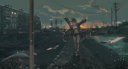 1girl absurdres black_choker breasts brown_eyes brown_hair building choker cloud cloudy_sky crop_top cropped_jacket factory genshin_impact grey_hair guitar_case highres hu_tao_(genshin_impact) industrial_pipe instrument_case jacket long_hair looking_at_viewer mai_(xskdizzy) navel outstretched_arms shoes shorts skindentation sky small_breasts sneakers socks solo spread_arms stomach sun thigh_gap thigh_strap very_long_hair walking white_socks