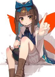 1girl absurdres bloomers blue_bow blue_dress blunt_bangs blush bomb boots bow brown_hair commentary_request dot_nose dress explosive fairy_wings feet_out_of_frame foreshortening frilled_bow frilled_shirt_collar frills hair_bow highres housulu index_finger_raised knee_up long_hair looking_at_viewer open_mouth outstretched_arm perspective petticoat simple_background sitting solo star_(symbol) star_print star_sapphire three-quarter_sleeves touhou underwear upskirt very_long_hair white_background wide_sleeves wings yellow_eyes
