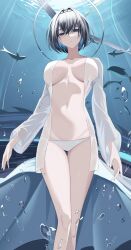 1girl absurdres aliez aquarium arms_at_sides bare_legs blue_eyes blue_hair breasts bubble caustics chain chain_hairband clock_hands collarbone colored_inner_hair contrapposto cropped_legs fish gluteal_fold groin hair_between_eyes hair_intakes halo hashtag-only_commentary highres hololive hololive_english large_breasts light_rays long_sleeves mechanical_halo multicolored_hair navel open_clothes open_mouth open_shirt ouro_kronii panties revealing_clothes see-through_clothes shirt short_hair thigh_gap two-tone_hair underwear virtual_youtuber water white_panties white_shirt wide_sleeves