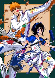 1boy 1girl belt black_belt black_hair bleach clothes_around_waist highres holding_paint_roller jacket jacket_around_waist kuchiki_rukia kurosaki_ichigo orange_hair paint_on_body paint_roller paint_splatter pants purple_eyes shirt smile spiked_hair star_(sr67305775) two-tone_shirt white_jacket white_pants white_shirt