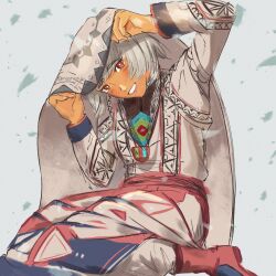 altera_(fate) amir_halgal amir_halgal_(cosplay) blush boots cosplay dark-skinned_female dark_skin dress eyebrows_hidden_by_hair fate/grand_order fate_(series) fingernails highres holding_veil jewelry kazakh_clothes looking_at_viewer mashinrul necklace otoyomegatari red_boots red_eyes short_hair simple_background sitting smile solo teeth veil white_dress white_hair