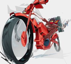 2girls black_hair blue_eyes blue_neckerchief blue_sailor_collar blue_skirt brown_hair cropped_sweater highres holding_hands honnoji_academy_school_uniform kill_la_kill korean_commentary mankanshoku_mako matoi_ryuuko motor_vehicle motorcycle multiple_girls neckerchief pants red_streaks riding sailor_collar sama_1027 scarf school_uniform senketsu shoes short_hair simple_background skirt sweater tinted_eyewear