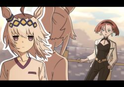 2girls absurdres animal_ears annqi black_hairband black_pants black_shirt blue_eyes blurry blurry_background brown_hair closed_mouth commentary crossover depth_of_field ear_ornament earrings expressionless eyeliner grey_hair gundam gundam_gquuuuuux gym_shirt hair_ornament hairband hand_in_pocket highres hoop_earrings horse_ears horse_girl jacket jewelry jitome kasamatsu_tracen_training_uniform letterboxed light_frown long_sleeves looking_at_another makeup medium_hair multiple_girls oguri_cap_(umamusume) outline pants ponytail railing ring shirt short_hair soon_(toruto98) standing t-shirt umamusume umamusume:_cinderella_gray white_jacket white_outline white_shirt