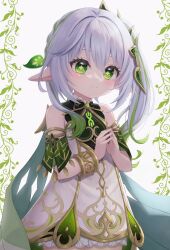 1girl bare_shoulders bloomers bracelet cape closed_mouth commentary detached_sleeves dress gem genshin_impact gold_trim green_cape green_eyes green_gemstone green_hair green_sleeves hair_between_eyes hair_ornament highres jewelry kikudzuki_mikan leaf_hair_ornament long_hair looking_at_viewer multicolored_hair nahida_(genshin_impact) own_hands_together pointy_ears side_ponytail sleeveless sleeveless_dress smile solo star-shaped_pupils star_(symbol) steepled_fingers symbol-shaped_pupils underwear white_background white_bloomers white_dress white_hair