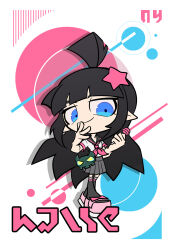 1girl ahoge alternate_costume aotu_world black_hair black_sailor_collar black_skirt black_thighhighs blue_eyes blunt_bangs candy character_name chibi chibi_only closed_mouth creature food hair_ornament hand_on_own_chin hands_up highres holding holding_candy holding_food holding_lollipop kaili_(aotu_world) lollipop long_hair looking_at_viewer neckerchief official_art old_bone_(aotu_world) pink_neckerchief pink_shoes pleated_skirt pointy_ears qi_chuang_she sailor_collar school_uniform serafuku shirt shoes sidelocks skirt smile solo star_(symbol) star_hair_ornament thighhighs white_shirt