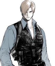 Rule 34 | 1boy, absurdres, beard stubble, black vest, blonde hair, blue eyes, blue shirt, breast pocket, closed mouth, collarbone, collared shirt, facial hair, hair over one eye, highres, holster, jianghesongmu, leon s. kennedy, long sleeves, looking ahead, male focus, one eye covered, open clothes, open shirt, pocket, resident evil, resident evil 2, resident evil 2 (remake), shirt, shoulder holster, simple background, sketch, solo, straight-on, stubble, tactical clothes, upper body, vest, white background