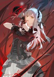 1girl arknights bang_dream! bang_dream!_it&#039;s_mygo!!!!! black_corset black_horns black_ribbon braid chinese_commentary commentary_request corset cowboy_shot cross-laced_clothes cross-laced_corset demon_horns dress frilled_dress frills gloves grey_hair hair_ribbon hand_on_own_chest hands_up high-ended_braid highres horns long_hair looking_at_viewer oblivionis_(bang_dream!) open_mouth originium_arts_(arknights) outstretched_arm outstretched_hand partial_commentary ribbon short_sleeves signature solo standing tail taro_(user_urrm3485) togawa_sakiko yellow_eyes