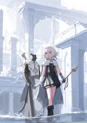 1boy 1girl :o ahoge asymmetrical_gloves bird cape chorefuji clenched_hand commentary_request day from_below furry furry_male gloves highres holding holding_staff holom_(chorefuji) knees looking_to_the_side medium_hair open_mouth original outdoors pillar robe ruins staff standing swan tezka_(chorefuji) water white_gloves white_hair
