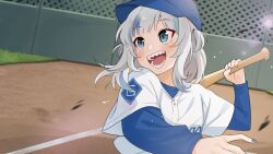 1girl :d baseball_bat baseball_cap baseball_uniform blue_eyes blue_hair blue_hat blue_nails blue_shirt gawr_gura hat highres holding holding_baseball_bat hololive hololive_english layered_sleeves light_particles long_sleeves looking_afar los_angeles_dodgers medium_hair mittsu multicolored_hair official_alternate_costume open_mouth outdoors sharp_teeth shirt short_over_long_sleeves short_sleeves smile solo sportswear streaked_hair teeth two_side_up upper_body virtual_youtuber white_hair white_shirt