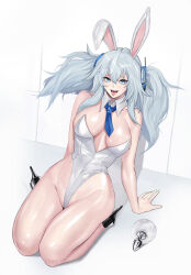 1girl absurdres alternate_costume animal_ears arm_support arms_behind_back bare_shoulders blue_eyes blue_hair blue_necktie breasts butt_plug commentary covered_navel detached_collar english_commentary fake_animal_ears fangs florence_(neural_cloud) full_body gcg girls&#039;_frontline girls&#039;_frontline_neural_cloud headphones high_heels highres kneeling large_breasts leotard light_blush long_hair looking_at_viewer necktie open_mouth pa-15_(girls&#039;_frontline) playboy_bunny rabbit_ears sex_toy sidelocks simple_background smile solo teeth thighs tongue tongue_out twintails upper_teeth_only variant_set white_background white_leotard