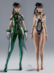 1girl 3d bare_shoulders barefoot billyhhyb black_hair bodysuit breasts brown_eyes cleavage clothing_cutout commentary english_commentary eve_(stellar_blade) highres impossible_clothes large_breasts leotard long_hair looking_at_viewer maid maid_leotard navel_cutout patreon_username ponytail simple_background skin_suit_(stellar_blade) smile solo stellar_blade thighs two-tone_bodysuit unconventional_maid very_long_hair