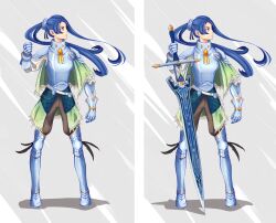 1girl armor breastplate capelet commentary eiyuu_densetsu english_commentary floating_hair grey_background highres huge_weapon laura_s._arseid long_hair pauldrons planted planted_sword planted_weapon ponytail sabaton sen_no_kiseki_(series) shoulder_armor simple_background solo spectersticks sword tachi-e weapon yellow_eyes