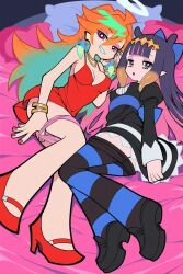 2girls :o ahoge andyleeyuan aqua_hair bed black_dress black_pantyhose black_shoes blue_bow blue_pantyhose blunt_bangs bow bracelet breasts bright_pupils cleavage clothes_pull colored_inner_hair cosplay diamond_hairband dress feathers gold_bracelet gold_necklace goth_fashion gothic_lolita gradient_hair grin hair_bow half-closed_eyes halo high_heels highres hololive hololive_english jewelry juliet_sleeves large_breasts lolita_fashion long_hair long_sleeves looking_at_viewer lying mary_janes medium_breasts medium_dress mole mole_under_eye multicolored_hair multiple_girls nail_polish necklace ninomae_ina&#039;nis official_style on_bed on_side orange_hair panties panty_&amp;_stocking_with_garterbelt panty_(psg) panty_(psg)_(cosplay) panty_pull pantyhose pantyhose_pull parted_lips pillow pink_eyes pink_hair pink_panties pointy_ears puffy_sleeves pulling_own_clothes purple_eyes purple_hair red_dress red_nails red_shoes shoes short_dress sleeveless smile stocking_(psg) stocking_(psg)_(cosplay) straight_hair striped_clothes striped_pantyhose swept_bangs takanashi_kiara teeth tentacle_hair underwear very_long_hair virtual_youtuber white_pupils
