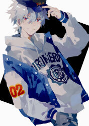 1boy absurdres alternate_costume baseball_cap black_background blue_pants cowboy_shot grey_hair grey_hoodie hair_between_eyes hand_in_pocket hat highres hood hoodie jacket letterman_jacket male_focus medium_hair mogutofuoes nagisa_kaworu neon_genesis_evangelion pants red_eyes simple_background two-tone_background white_background