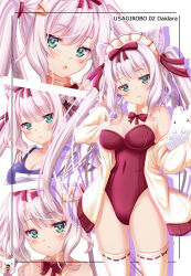 Rule 34 | 1girl, :&lt;, bare shoulders, blue one-piece swimsuit, blush, bow, breasts, cleavage, closed mouth, collar, commentary request, covered navel, detached collar, drop shadow, green eyes, grey hair, hair bow, hair ornament, hairclip, highres, jacket, large breasts, leotard, long hair, long sleeves, maid headdress, multiple views, off shoulder, one-piece swimsuit, open clothes, open jacket, open shirt, original, parted lips, playboy bunny, red bow, red leotard, ribbon-trimmed thighhighs, ribbon trim, shirt, strapless, strapless leotard, swimsuit, thighhighs, twintails, usaginezumi, very long hair, white collar, white jacket, white shirt, white thighhighs, wing collar