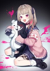 1girl =_= absurdres animal animal_hug armband bear black_ribbon black_shoes blood blood_splatter blue_skirt blush brown_hair chiyomaru_(yumichiyo0606) collar colored_inner_hair commentary crossover danganronpa_(series) fang full_body gradient_background hair_ribbon highres jacket loafers long_hair long_sleeves makaino_ririmu makaino_ririmu_(4th_costume) monokuma multicolored_hair nervous_sweating nijisanji open_clothes open_jacket open_mouth pink_blood pink_hair pink_jacket platform_shoes pleated_skirt ribbon school_uniform serafuku shoes sitting skin_fang skirt sleeves_past_fingers sleeves_past_wrists smile socks solo sweat symbol-only_commentary two_side_up vignetting virtual_youtuber wariza white_armband white_background white_socks