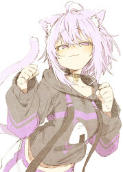 1girl :3 abara_heiki ahoge animal_ear_fluff animal_ears black_collar black_hoodie cat_ears cat_girl cat_tail collar commentary food_print highres hololive hood hood_down hoodie long_sleeves looking_at_viewer medium_hair nekomata_okayu nekomata_okayu_(1st_costume) onigiri_print purple_eyes purple_hair simple_background solo symbol-only_commentary tail upper_body virtual_youtuber white_background