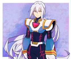 Rule 34 | 1boy, armor, black bodysuit, bodysuit, border, chest jewel, cowboy shot, long hair, male focus, mega man (series), mega man x (series), mega man x dive, ponytail, purple background, rikka (user hruv2435), solo, via (mega man), watermark, white armor, white border, white hair