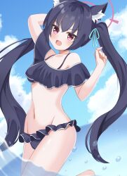 1girl absurdres animal_ear_fluff animal_ears aqua_ribbon bare_shoulders bikini black_bikini black_hair blue_archive blue_sky breasts cat_ears cat_girl cleavage cloud commentary cowboy_shot day fang fingernails floating_hair frilled_bikini frills groin hair_between_eyes hair_ribbon halo hands_up highres long_hair looking_at_viewer megi_(zdsw2323) mixed-language_commentary navel off-shoulder_bikini off_shoulder official_alternate_costume open_mouth outdoors pink_halo red_eyes ribbon serika_(blue_archive) serika_(swimsuit)_(blue_archive) sky small_breasts solo stomach swimsuit twintails v-shaped_eyebrows very_long_hair water_drop