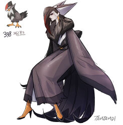 1girl absurdly_long_hair artist_name boots brown_hair brown_kimono earrings full_body gen_4_pokemon highres japanese_clothes jewelry kimono korean_commentary long_hair long_sleeves nintendo orange_boots personification pokemon pokemon_(creature) red_eyes reference_inset signature simple_background sleeves_past_fingers sleeves_past_wrists staraptor tamtamdi translated very_long_hair white_background wide_sleeves