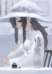 1girl absurdres black_eyes chair creature dress flower gregor_(tsurunoka) hat highres holding holding_creature inkwell lead_white_(tsurunoka) long_sleeves original paper profile purple_flower solo tsumetai_(tsurunoka) upper_body vase white_dress white_hat witch_hat