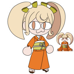 1girl :3 blonde_hair bow closed_mouth danganronpa_(series) danganronpa_2:_goodbye_despair full_body green_bow green_sash hair_bow highres japanese_clothes kikurichi kimono long_hair neco-arc obi official_art_inset orange_kimono saionji_hiyoko sash simple_background smile solo tsukihime twintails white_background