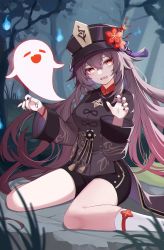 1girl :d =_= absurdres bead_bracelet beads black_headwear black_nails black_shorts bracelet brown_hair chinese_clothes coattails collared_coat collared_shirt commentary fang flower flower-shaped_pupils genshin_impact ghost ghost_pose hair_between_eyes hands_up hat hat_flower head_tilt highres hitodama hu_tao_(genshin_impact) jewelry kneehighs long_hair long_sleeves looking_at_viewer multiple_rings mxr nail_polish open_mouth outdoors plum_blossoms porkpie_hat red_eyes ring shirt shorts sidelocks sitting smile socks symbol-shaped_pupils tailcoat tassel thumb_ring tree twintails very_long_hair wariza white_socks wide_sleeves