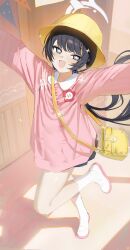 +_+ 1girl absurdres arms_up bag black_hair blue_archive flower_pin grey_eyes grey_halo hair_bobbles hair_ornament halo hat highres kindergarten_bag kindergarten_uniform kisaki_(blue_archive) kisaki_(kindergarten_uniform)_(blue_archive) long_hair low_twintails name_tag official_alternate_costume official_alternate_hairstyle open_mouth out_of_character outstretched_arms pink_shirt school_hat shirt shoes smile socks solo songchuan_li sparkle spread_arms standing standing_on_one_leg twintails uwabaki white_shoes white_socks yellow_bag