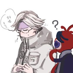 2boys aotsuki_eito black_hair blue_eyes closed_eyes eyelashes glasses jacket japanese_text male_focus multicolored_hair multiple_boys parted_hair red_hair simple_background speech_bubble sumino_takumi sweatdrop the_hundred_line_-last_defense_academy- upper_body white_background white_hair white_jacket