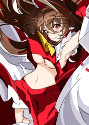 Rule 34 | 1girl, absurdres, armpits, arms up, ascot, bow, breasts, brown hair, capelet, closed mouth, cowboy shot, detached sleeves, frilled bow, frilled capelet, frilled hair tubes, frills, hair between eyes, hair tubes, hakurei reimu, highres, lips, long hair, long sleeves, looking at viewer, medium breasts, midriff, navel, red bow, red eyes, red shirt, red skirt, shirt, sideboob, sidelocks, skirt, smile, solo, touhou, unanooo (fthx7532), white capelet, yellow ascot