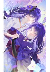 2girls absurdres asymmetrical_sleeves back_bow blunt_bangs blurry blurry_background bow braid bridal_gauntlets closed_mouth fan_hair_ornament flower genshin_impact gradient_background hair_ornament highres holding_hands japanese_clothes kimono leaning_to_the_side light_blush light_smile long_braid long_hair long_sleeves looking_at_viewer looking_to_the_side makoto_(genshin_impact) mitsudomoe_(shape) mole mole_under_eye motion_blur multiple_girls neck_ribbon outdoors parted_lips purple_eyes purple_hair purple_kimono raiden_shogun red_ribbon red_sash ribbon ryo_no_33 sash siblings single_braid sisters sky tomoe_(symbol) twins uneven_sleeves wide_sleeves wisteria