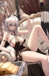 1girl absurdres alternate_costume armlet armpit_crease bare_legs bare_shoulders black_choker black_dress black_eyes black_horns black_nails black_shoes black_tail bracelet breasts center_opening chain choker commentary curled_horns demon_tail dress earrings fingernails foot_out_of_frame grey_hair hair_between_eyes highres horns indoors jewelry key_earrings large_breasts legs long_fingernails long_hair looking_at_viewer multicolored_eyes multicolored_hair nail_polish pelvic_curtain pocket_watch red_eyes shoes sitting_sideways solo streaked_hair tail thighs two-tone_eyes watch wuthering_waves yuridango zani_(wuthering_waves)