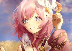 1girl autumn_leaves bare_shoulders blue_eyes blue_sky coat cyrene_(honkai:_star_rail) hashtag-only_commentary highres holding holding_leaf honkai:_star_rail honkai_(series) jewelry leaf lucyqer medium_hair multicolored_hair necklace outdoors pink_hair purple_coat sky smile solo two-tone_hair upper_body wheat wheat_field white_hair